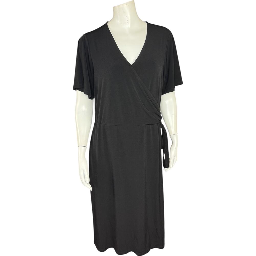 Susan Graver Tall‎ Liquid Knit Faux Wrap Dress Black Tall Medium Short Sleeve